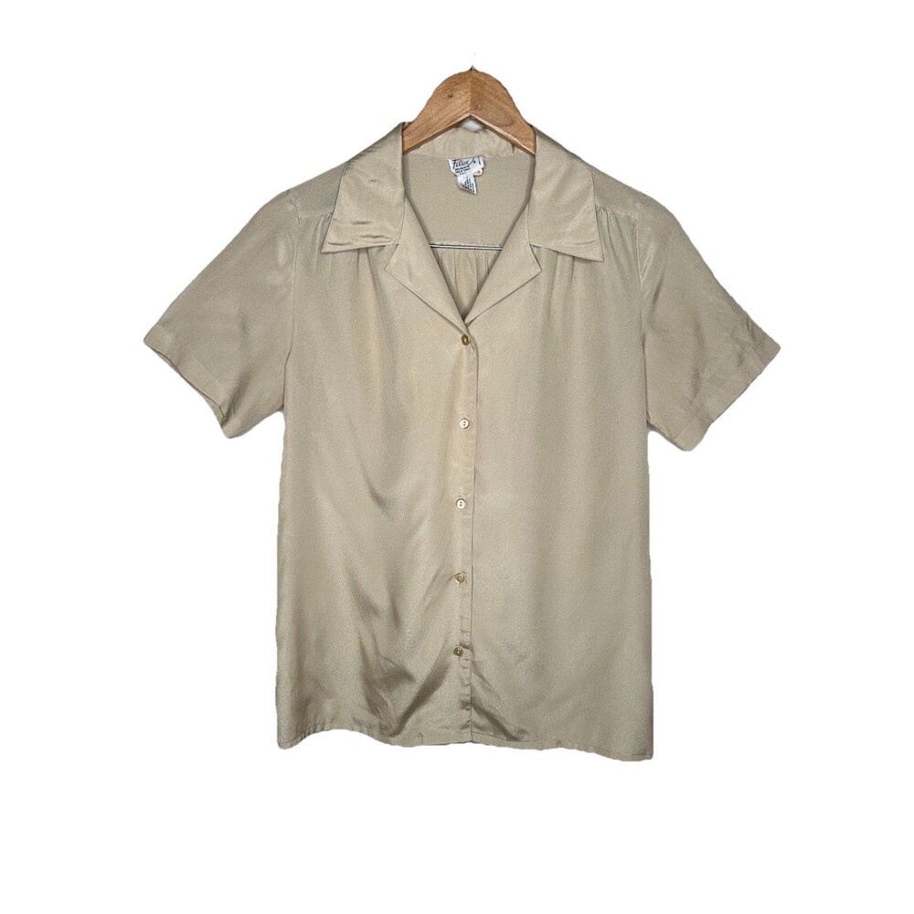 Vintage 70s 80s Short Sleeve Button Down Champagne Satin Silky Blouse Size Med